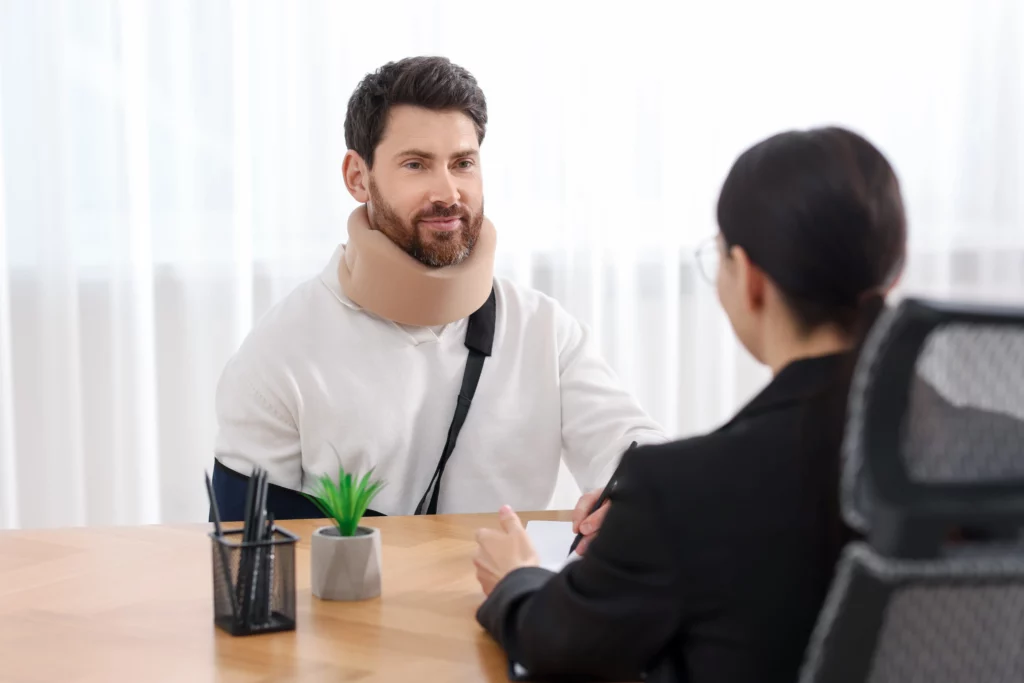 Man wearing a neck brace and arm sling meeting with a businesswoman in a professional office setting, representing a personal injury free consultation where clients can ask questions about their case, legal options, and potential compensation in Alabama.